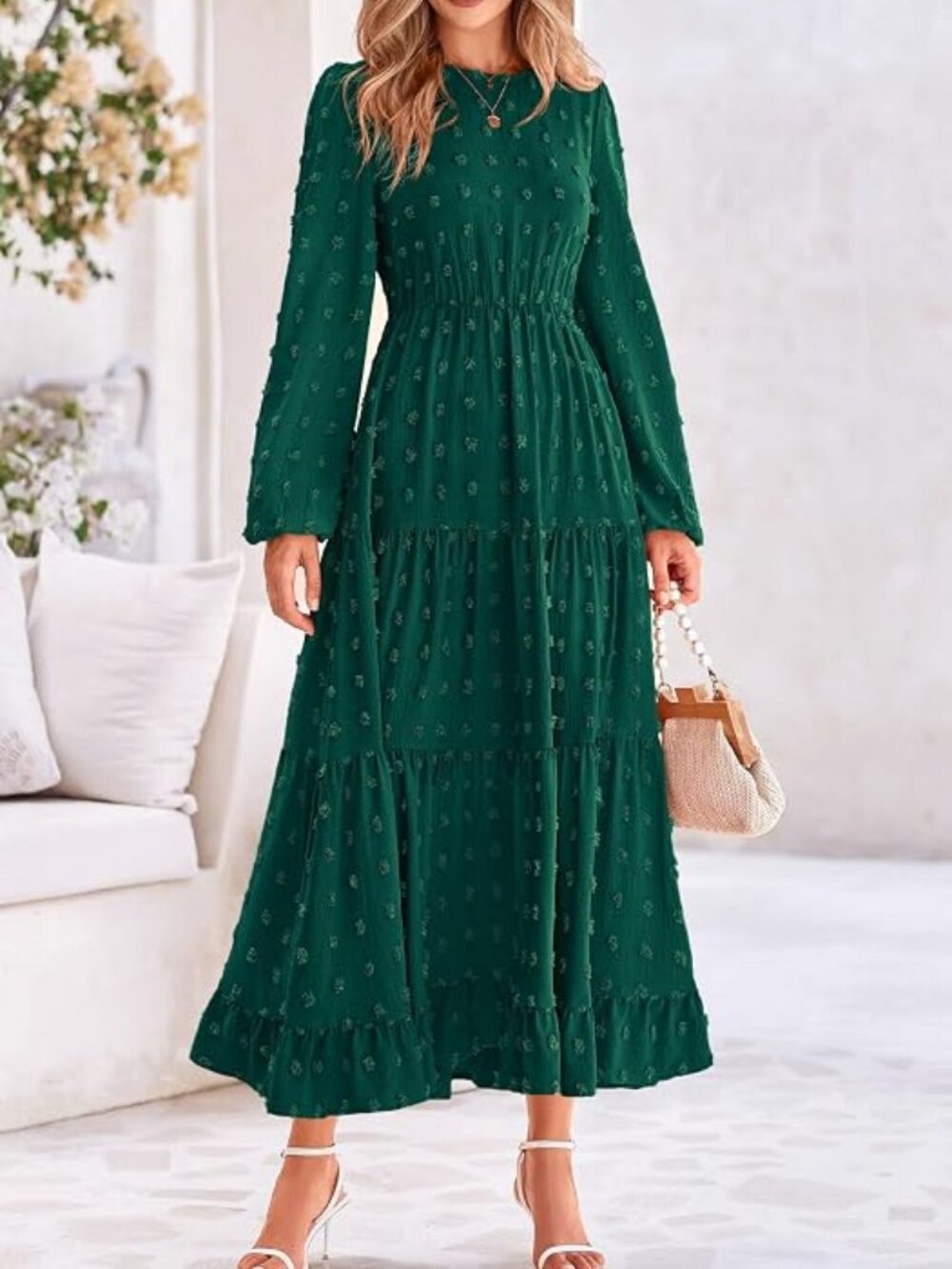 PrettyGarden Womens XL Dark Green Maxi Long Sleeve Dress Swiss Dot 70%off Retail